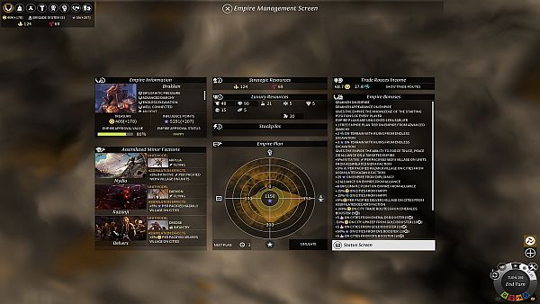 Endless Legend Review| The Empire management screen is a good way to see all the bonuses and penalties your faction is dealing with.