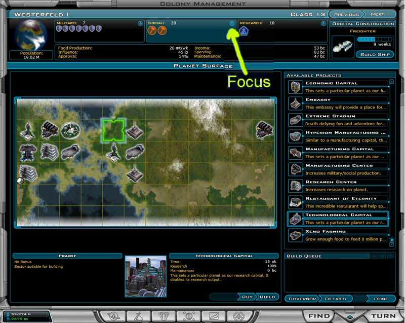 Galactic Civilizations 2 colony production focus